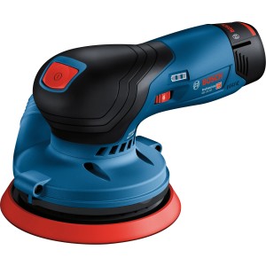 Bosch Professional GEX 12V-125 Akku-Exzenterschleifer in Blau/Schwarz mit Schleifblatt.