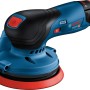 Bosch Professional GEX 12V-125 Akku-Exzenterschleifer in Blau/Schwarz mit Schleifblatt.