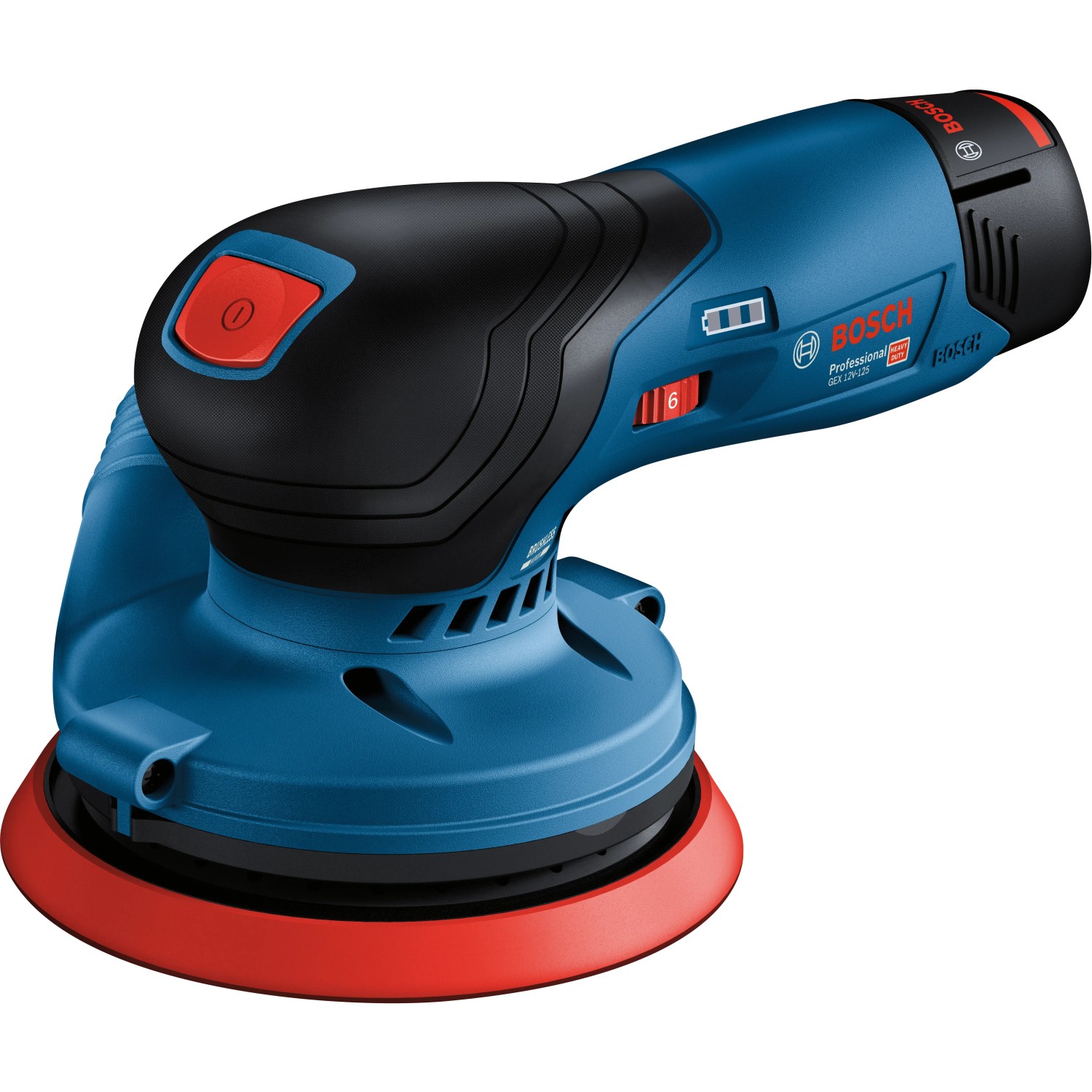 Bosch Professional GEX 12V-125 Akku-Exzenterschleifer in Blau/Schwarz mit Schleifblatt.