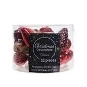 Rote Glas-Weihnachtsbaumkugeln im 12er Set: Zapfen, Herzen, Sterne, Blüten in Klarsichtbox.