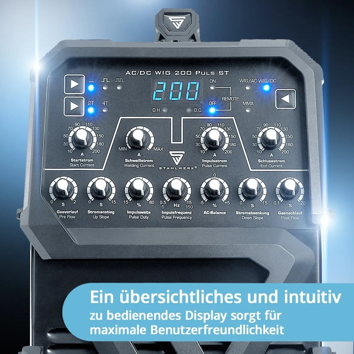 STAHLWERK Schweißgerät AC/DC WIG 200 Puls ST mit Display und Bedienelementen.