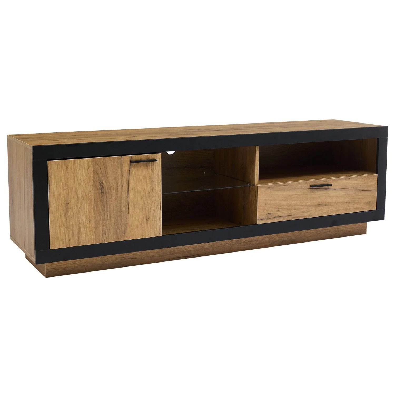 okwish TV Schrank mit LED Glas Stauraum Wohnzimmer Schlafzimmer 180x40x42cm Schwarz Eiche