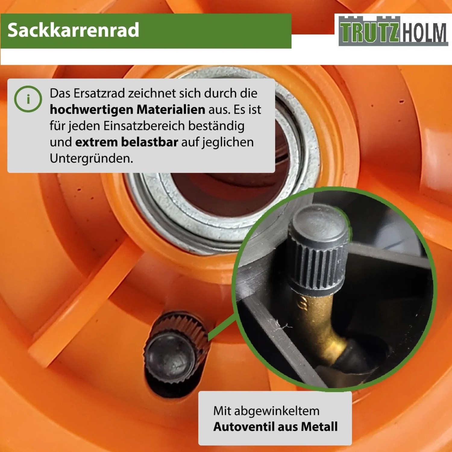 TRUTZHOLM Sackkarrenrad, orange Kunststofffelge, Luftreifen mit abgewinkeltem Autoventil.