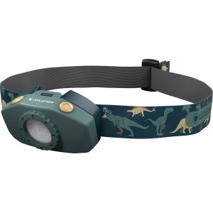 Grüne Ledlenser Kidled 2 Stirnlampe mit Dino-Muster für Kinder.