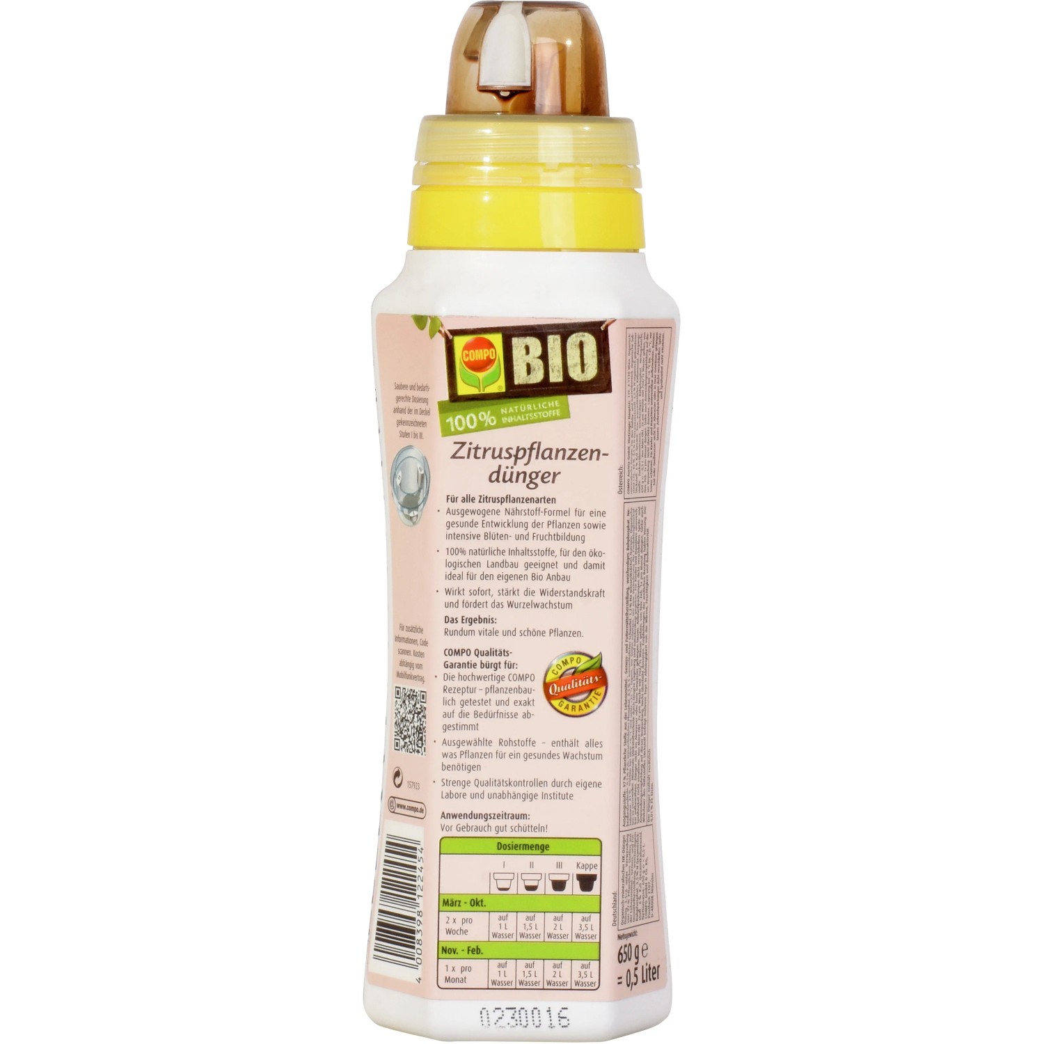 Flasche Compo Bio Zitruspflanzendünger 500ml für gesunde Pflanzen.
