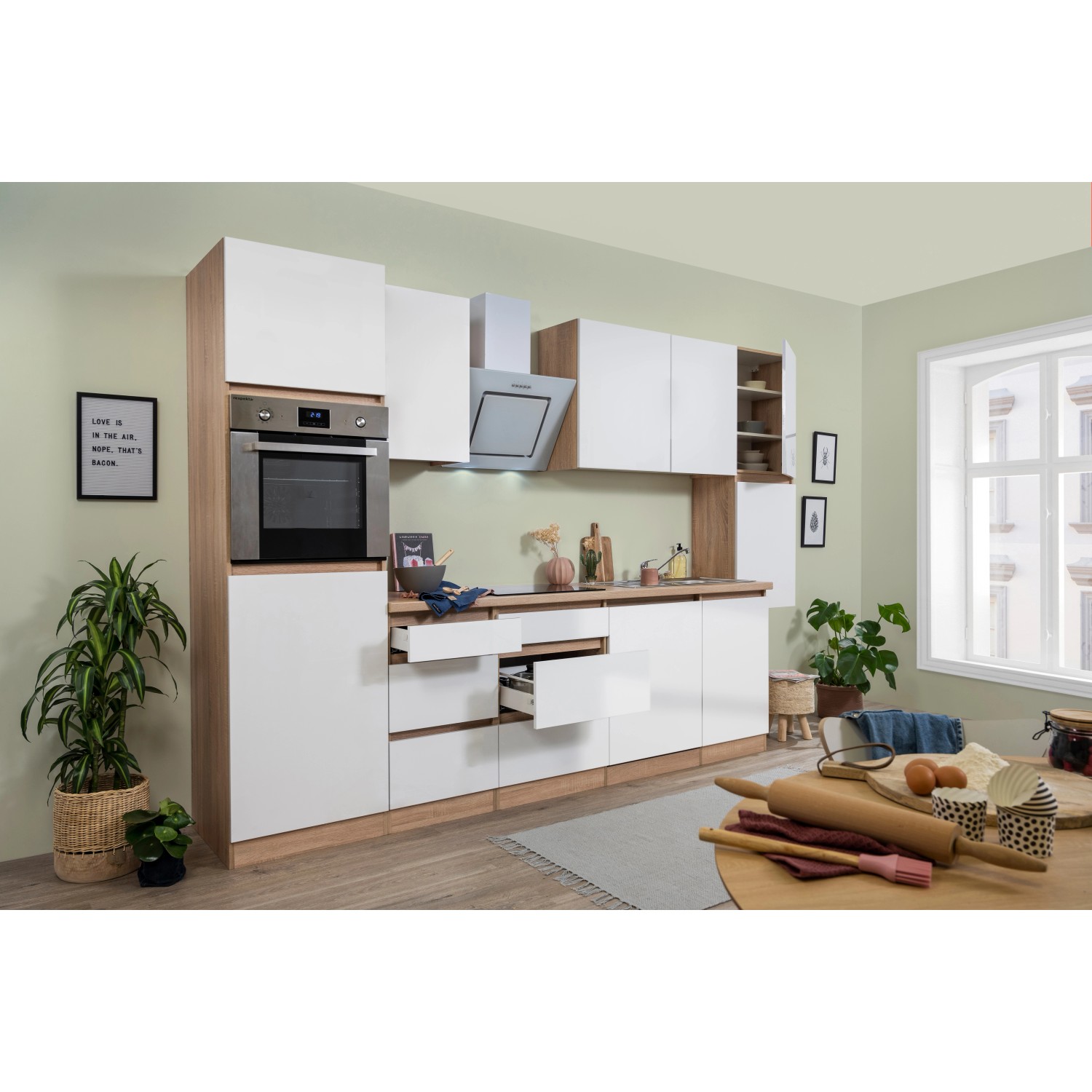 Respekta Küchenzeile/Küchenblock GLRP330HESWM Grifflos 330 cm Weiß matt-Sonoma Eiche