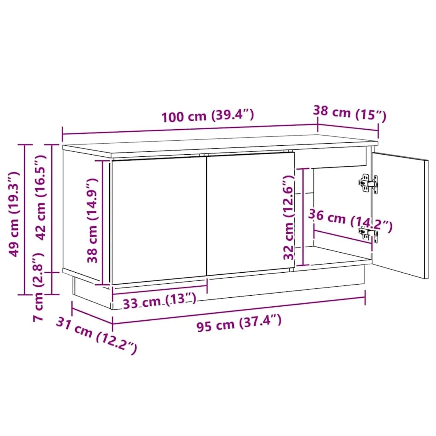 vidaXL TV-Schrank, schwarz Eichen-Optik, 100x38x49 cm, mit LED, Tür und Maßangaben.