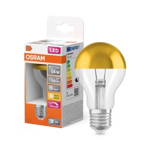 Osram LED-Leuchtmittel E27 Glühlampenform mit goldener Spiegelkuppe, 7W, dimmbar, warmweiß.