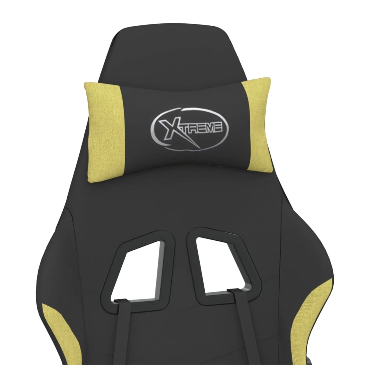 Gaming Stuhl schwarz-hellgrau mit Massagefunktion, Stoff, Kopfstütze mit Logo.