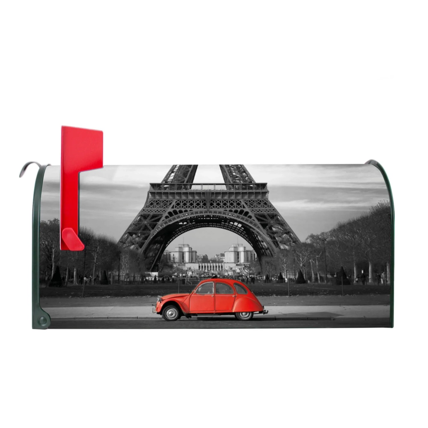 Grüner Banjado Briefkasten mit Paris-Motiv: Eiffelturm und rotes Auto.