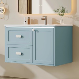 PXloue Waschtisch mit Unterschrank 76 cm Wandhängend Badmöbel Set Keramik Waschbecken LED Sensor Licht Blau