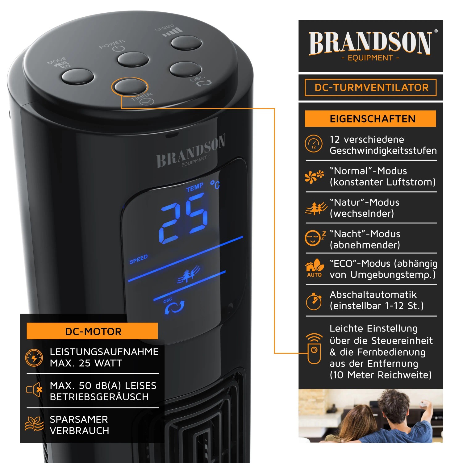 Brandson Turmventilator mit LED-Display, 12 Stufen, Timer und Fernbedienung.