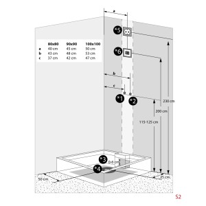 Skizze der AquaVapore Duschkabine 100x100 cm mit Maßangaben zu Anschlüssen für Installation.