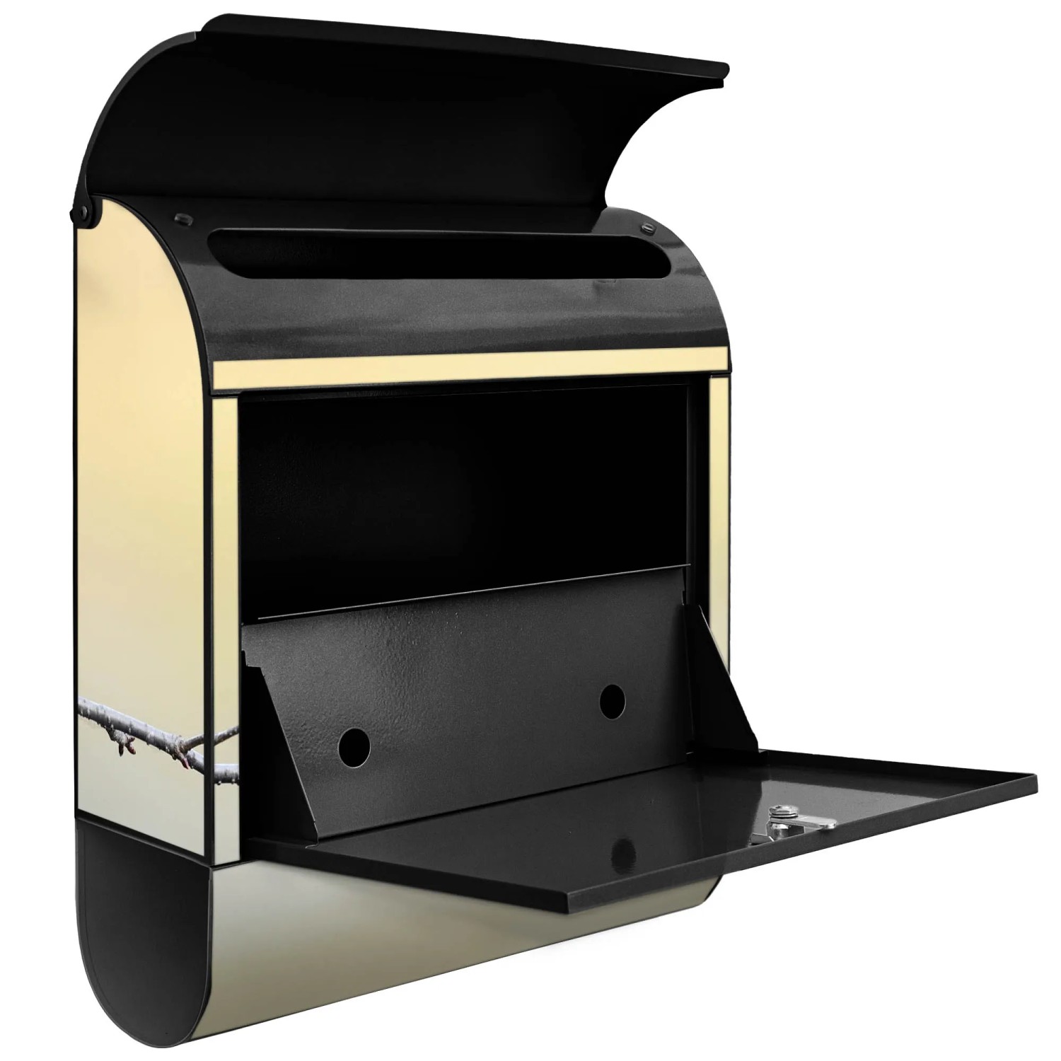 Banjado Design Briefkasten, schwarz pulverbeschichtet mit Motiv Pause und Zeitungsfach, geöffnet.