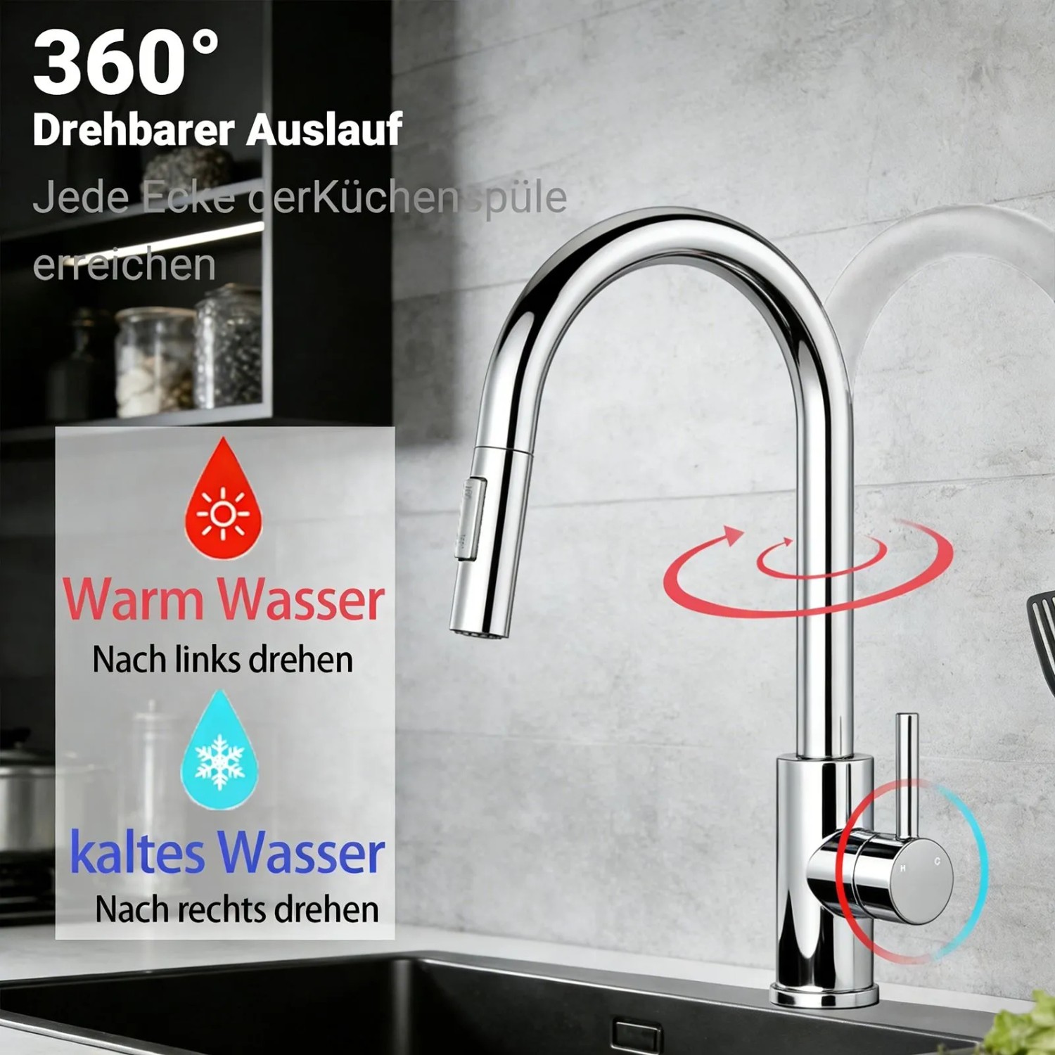 AICA Einhebelmischer mit Ausziehbrause, Chrom Küchenarmatur, 360° drehbar.