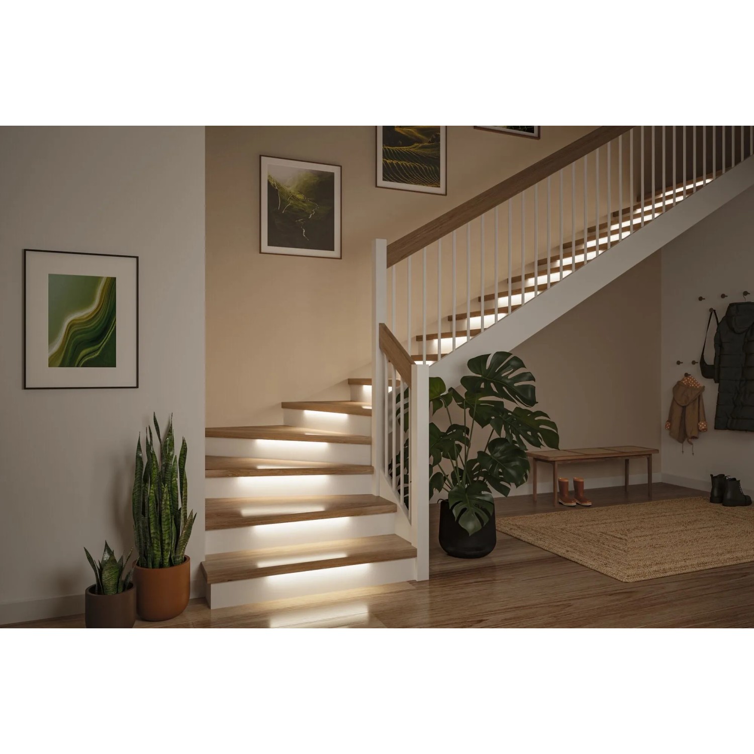 Paulmann MaxLED Stair LED-Streifen unter Holzstufen für stilvolle, sichere Treppenbeleuchtung mit warmweißem Licht.