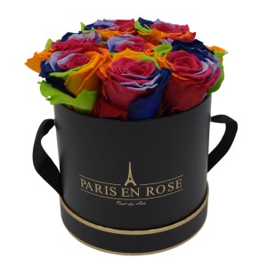 Rosenbox Schwarz-Gold mit 9 bunten Rainbow Rosen. Ewige Rosen als Blumenstrauß in edler Box.