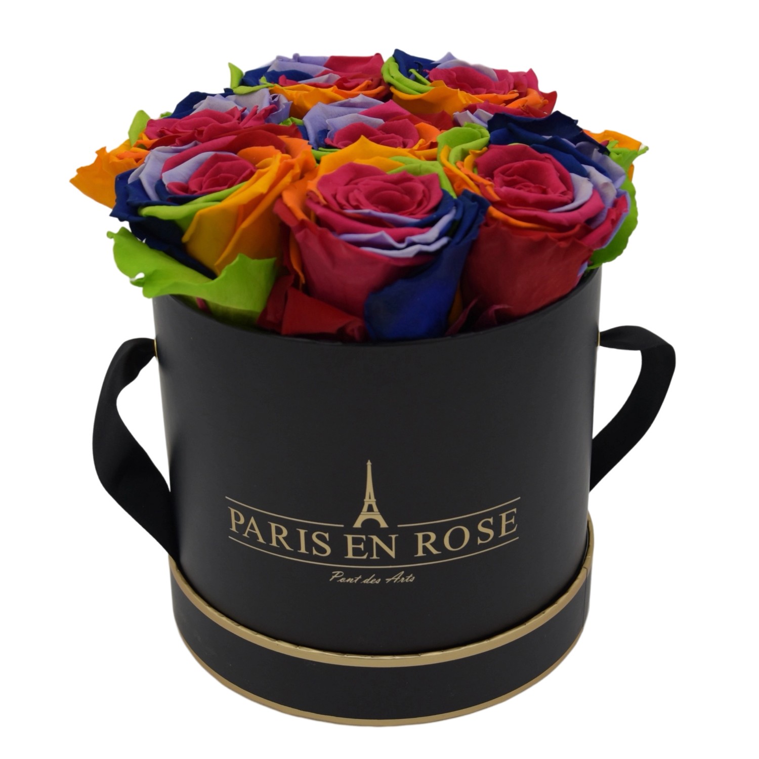 Rosenbox Ø 14,5 cm Schwarz-Gold mit 9 Rainbow Rosen