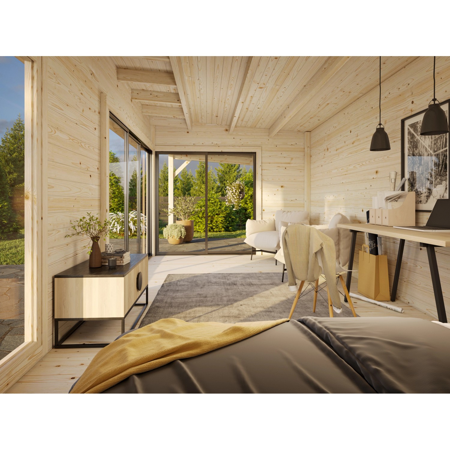 Innenansicht: Palmako Gartenhaus Andrea Slide, naturbelassen, mit Schiebetüren und Einrichtung.