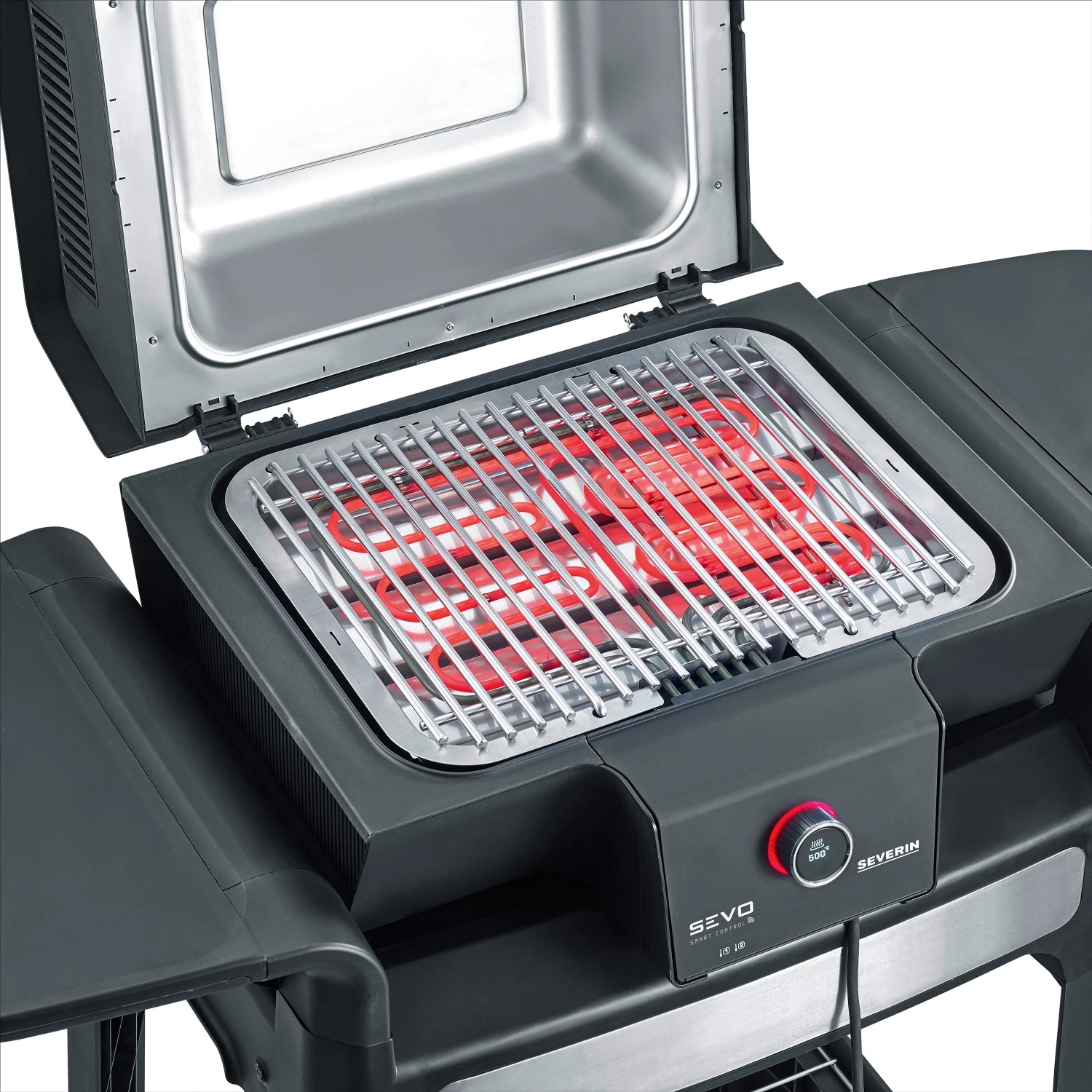Severin Standgrill PG 8139 Sevo Smart Control GTS mit geöffnetem Deckel und Grillrost.