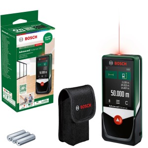 Bosch AdvancedDistance 50 C Laser-Entfernungsmesser Set mit Tasche und Batterien.