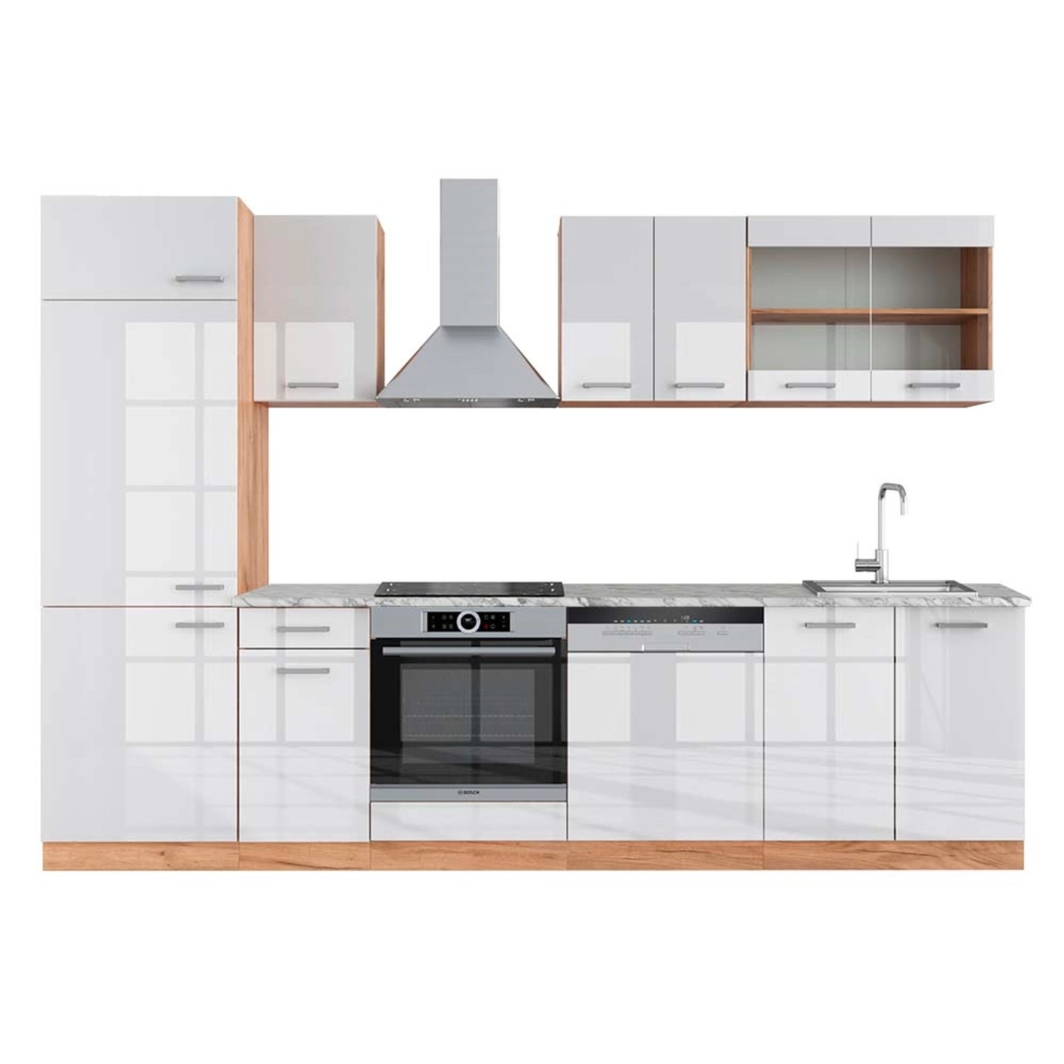 Vicco R-Line Küchenzeile Weiß Hochglanz/Goldkraft Eiche 300 cm AP Marmor günstig online kaufen