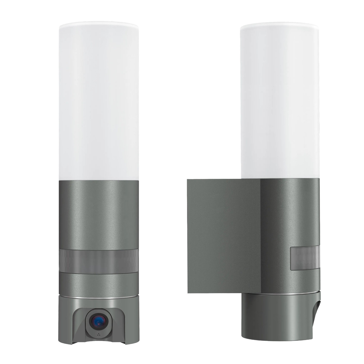 Steinel LED-Außenleuchte L 625 CAM SC mit Kamera, anthrazitfarben. Zwei Ansichten.
