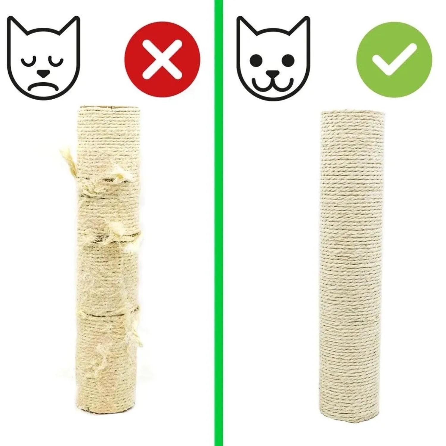 Intakter Ersatz-Sisalstamm für Katzen-Kratzbaum (35 cm, Ø 9,2 cm) neben abgenutztem. Kratzbaum-Zubehör mit M8 Gewinde.