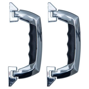 Zwei HMF Koffergriffe aus chromsilbernem Kunststoff mit schwarzem, ergonomischem Griff. Ideal als Tragegriff für Werkzeugkoffer.