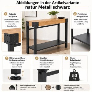 Industrial Konsolentisch Q68 aus braunem Kiefernholz mit schwarzem Metallrahmen, Ablage und Ziernieten.