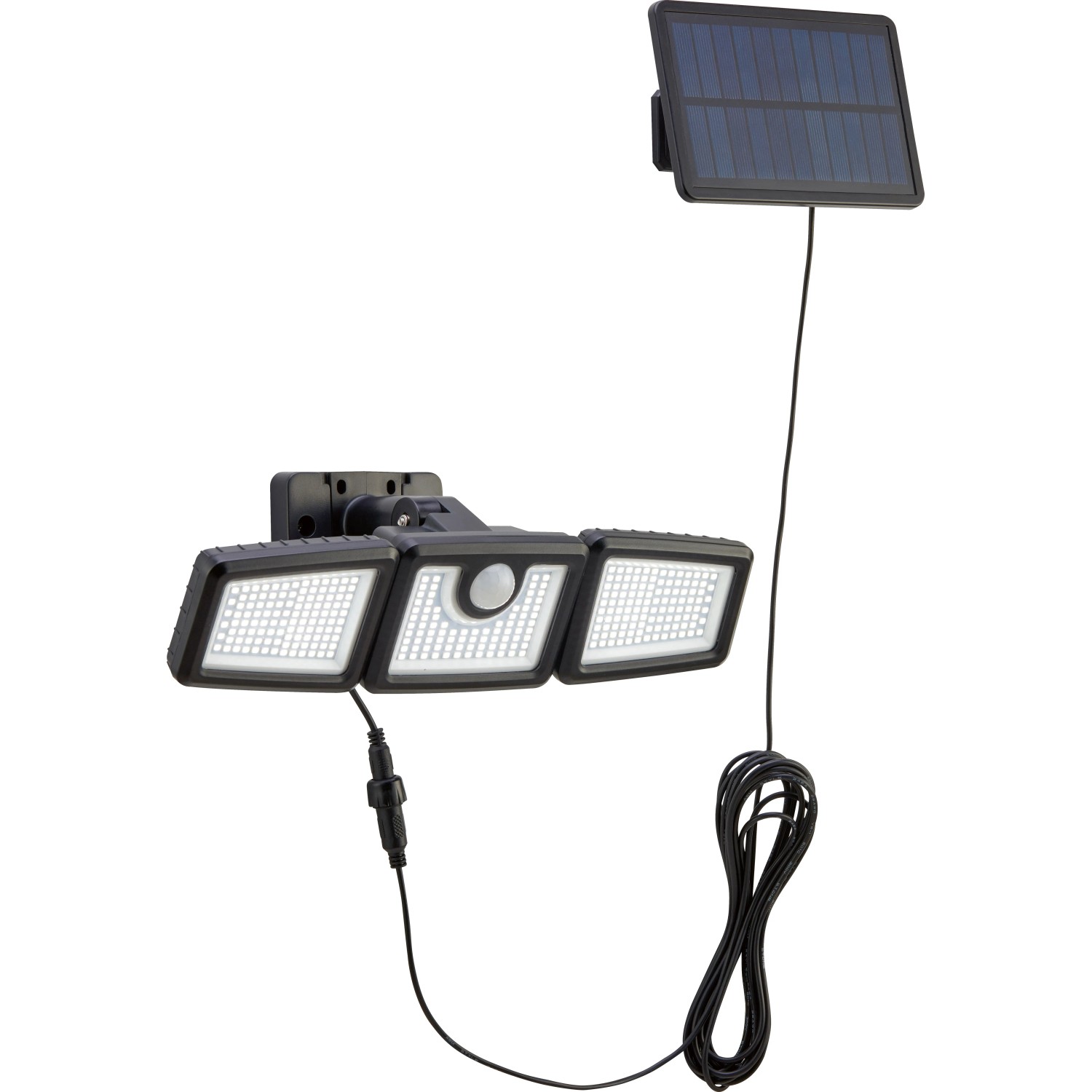Solar-LED-Außenstrahler mit Bewegungssensor, 7 W, 800 lm, mit Solarpanel und drei Leuchten.
