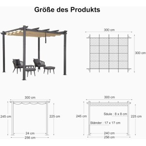 Aluminium Pergola 300x300x245 cm mit beigem Schiebedach und Maßangaben. Perfekt für Garten & Terrasse.