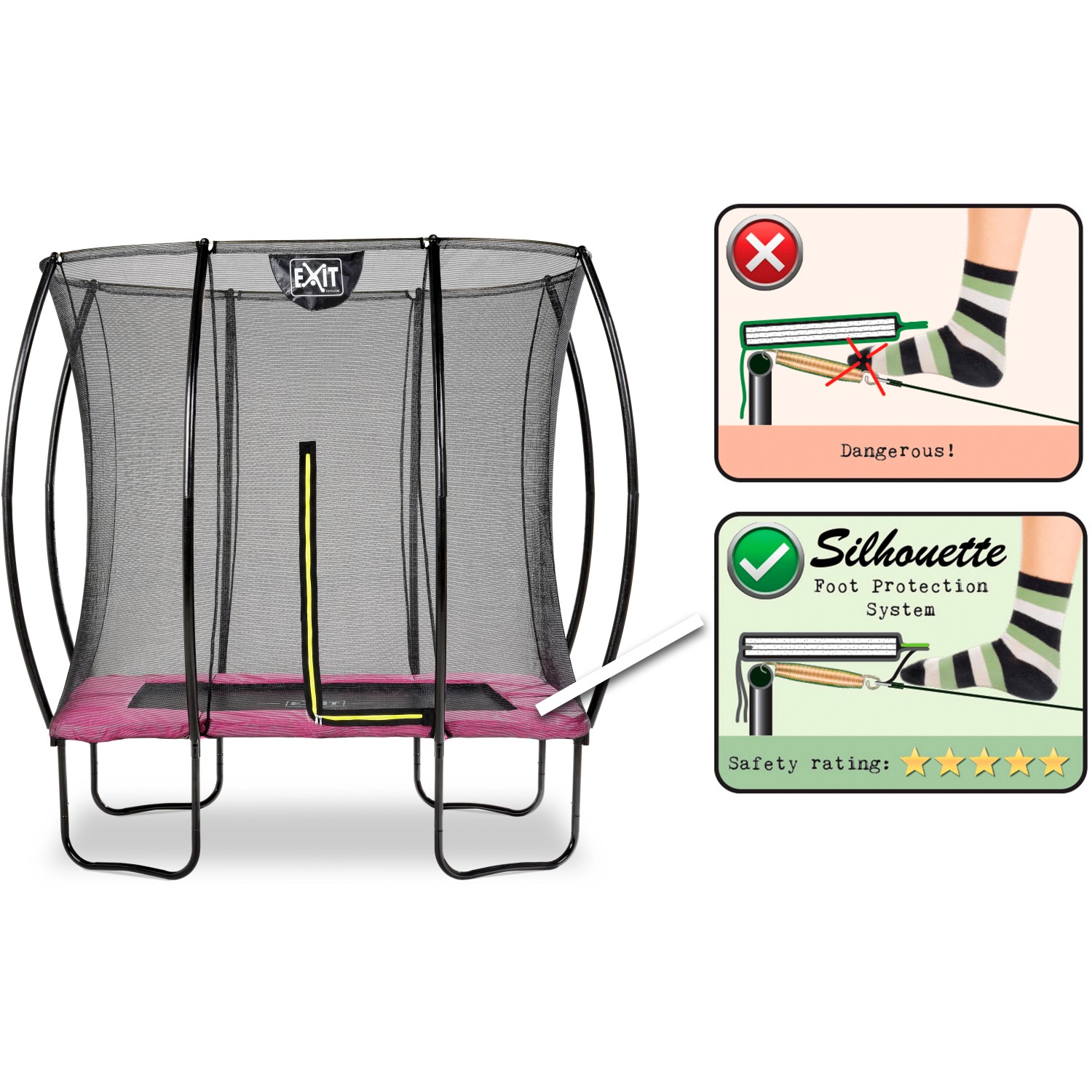 Rechteckiges EXIT Silhouette Trampolin 153x214cm in Rosa mit Sicherheitsnetz und Fußschutzsystem.