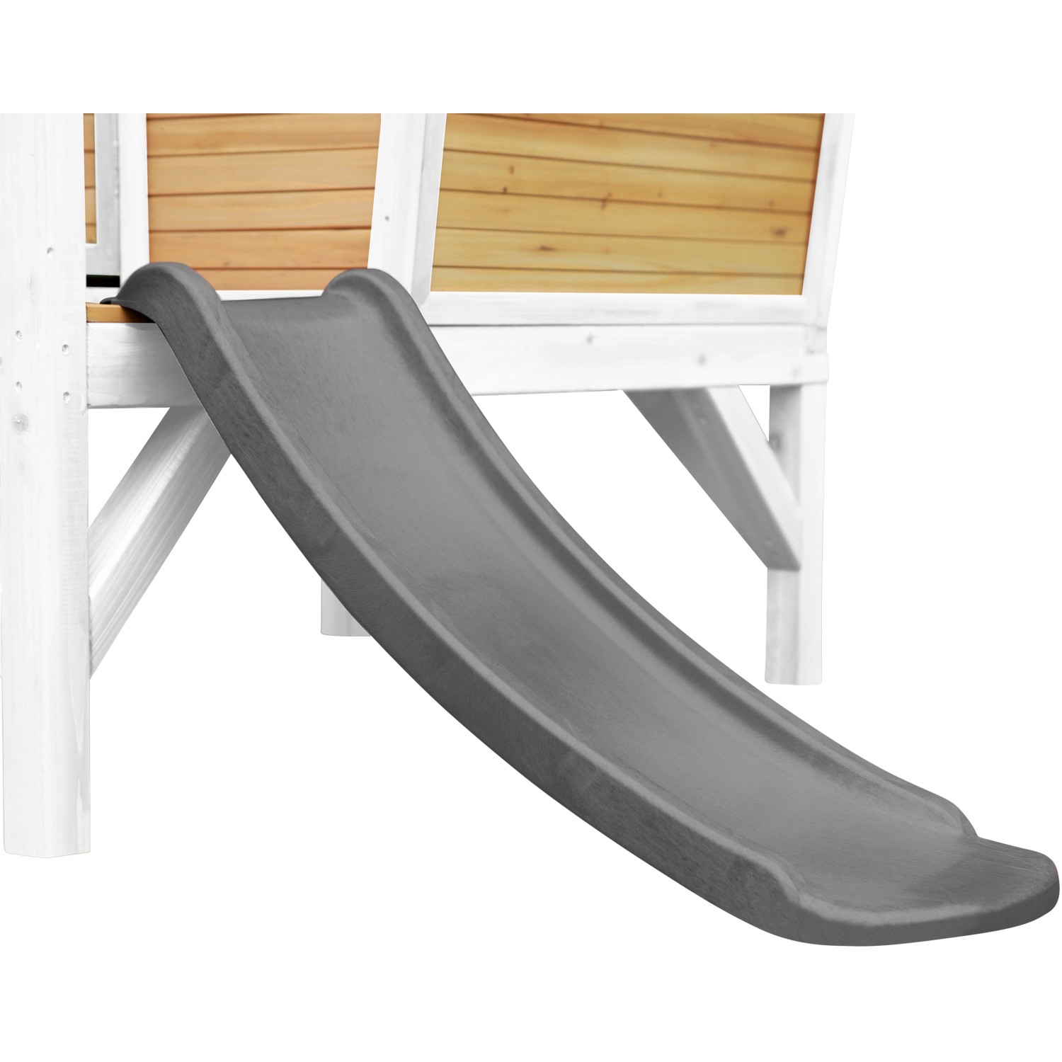 Detailansicht: Graue Rutsche am Axi Robin Spielhaus in Braun und Weiß.