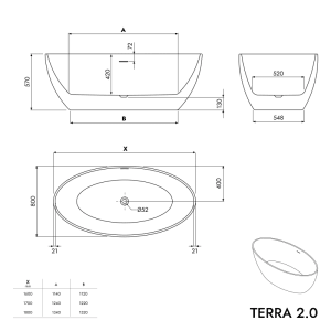 Technische Zeichnung der freistehenden Badewanne TERRA 2.0, Maße und Details.