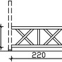 Technische Zeichnung einer weißen Skan Holz Brüstung Andreaskreuz, 220x84 cm, für Terrassenüberdachung.