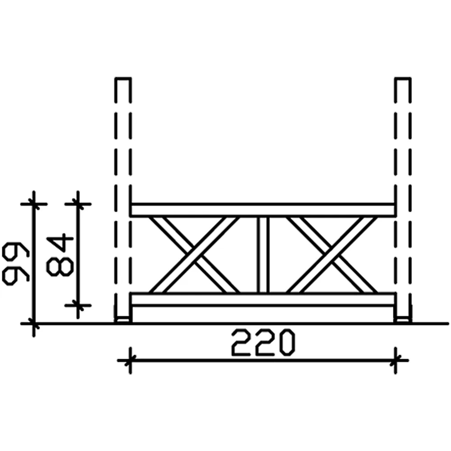 Technische Zeichnung einer weißen Skan Holz Brüstung Andreaskreuz, 220x84 cm, für Terrassenüberdachung.