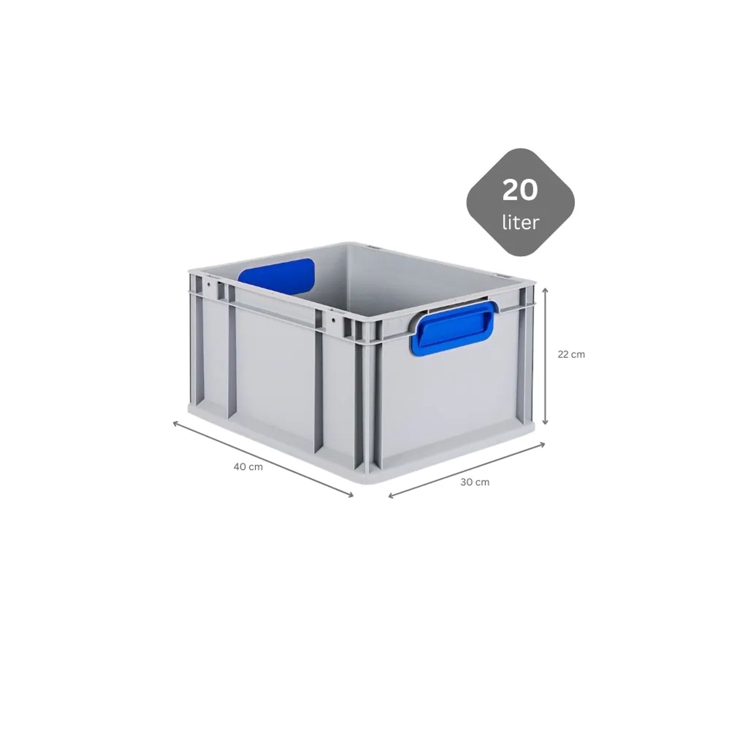 Graue Eurobox 20L mit blauen Griffen, PROREGAL Nextgen. Aufbewahrungsbox für Industrie und Gewerbe.