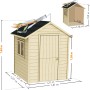 Soulet Kinderspielhaus Garance aus unbehandeltem Holz mit Windsack und Maßangaben.