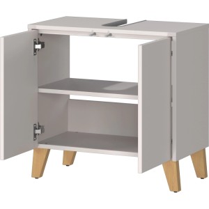 Kaschmirfarbener Waschbecken-Unterschrank mit offenen Türen, Innenregal und Holzfüßen. Modernes Badmöbel.