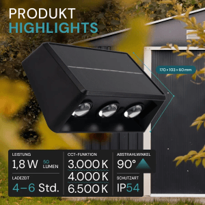 LUXULA 6er-Set Solar Wandleuchte 3-flammig Up/Down CCT Warm- Kaltweiß 3000-6500K Akku LED Außenleuchte Gartenbeleuchtung IP54 Wetterfest Schwarz