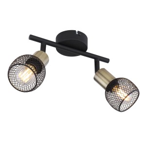 Globo Deckenstrahler Fiastra, 2-flammig, schwarz/altmessing, mit Metallgitterschirmen.