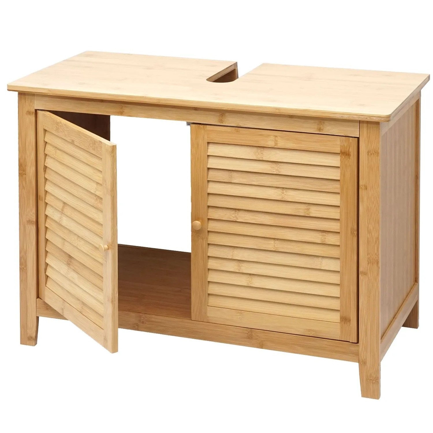Bambus Waschbeckenunterschrank mit Lamellentüren, eine Tür offen, Siphon-Aussparung. Badmöbel für Stauraum.