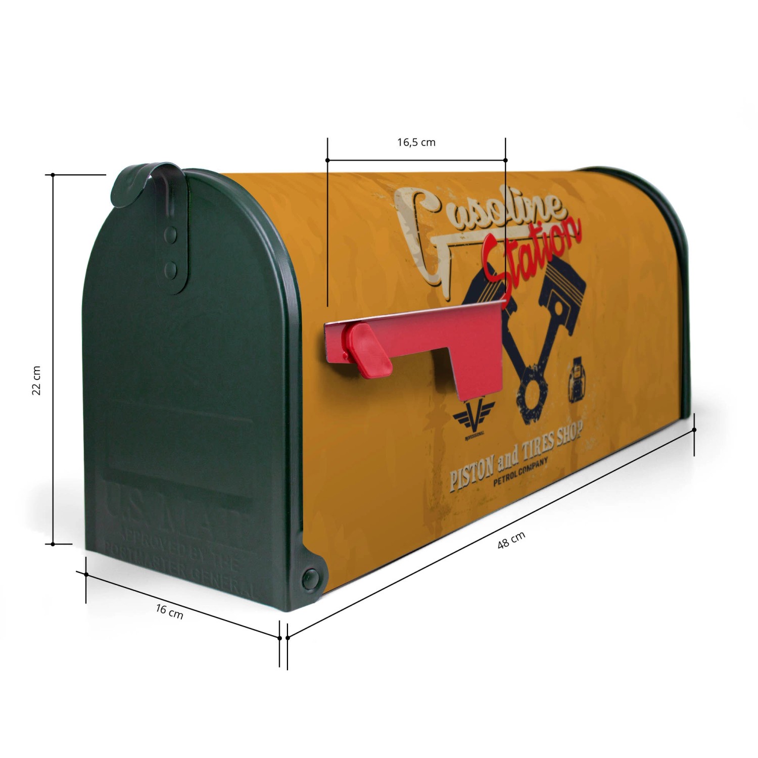 Grüner US Briefkasten mit Gasoline Station Motiv, 48x22x16cm. Amerikanischer Postkasten für Wand oder Standmontage.