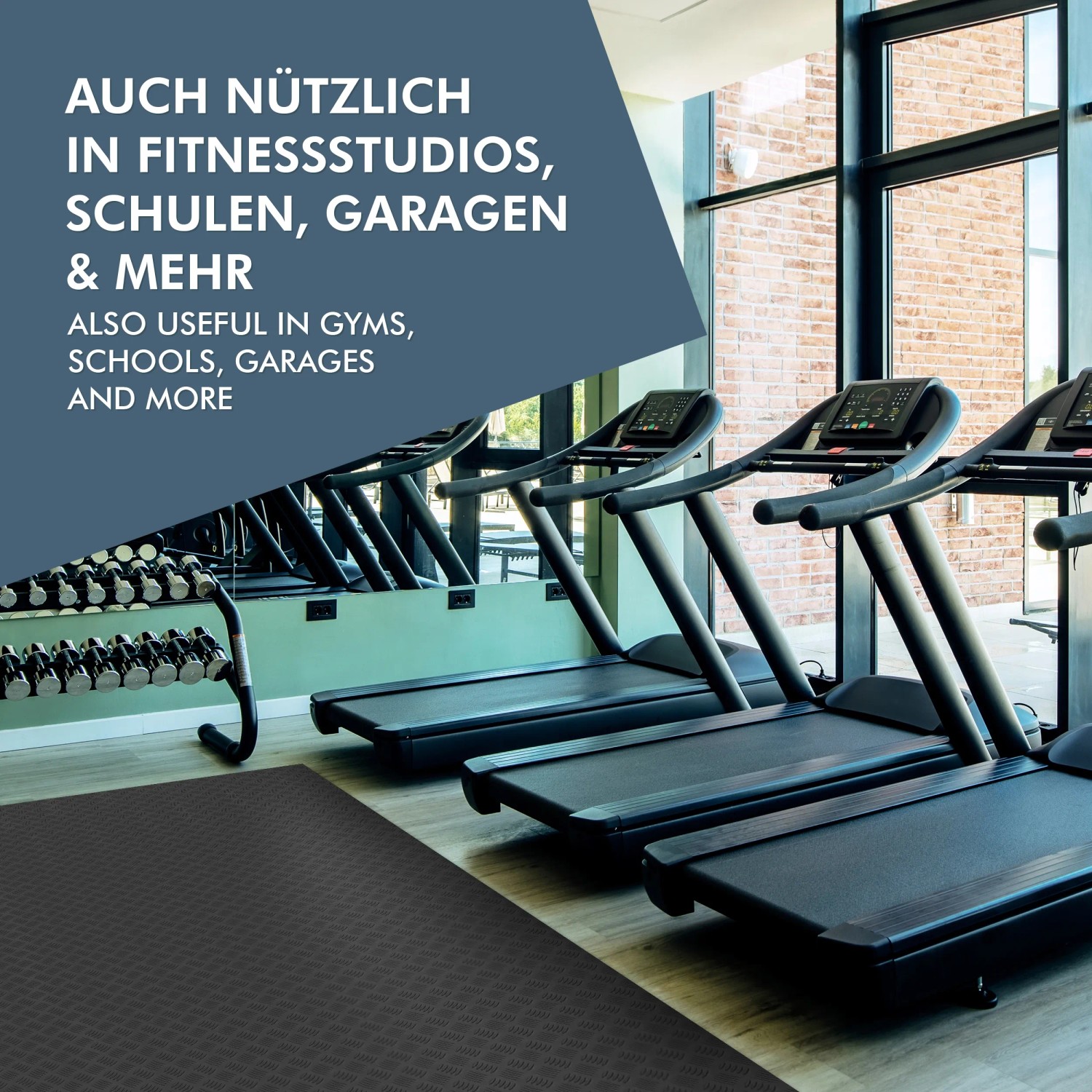 Schwarzer KARAT PVC Bodenbelag Diamond Cut (120x200cm) in einem Fitnessstudio vor Laufbändern.
