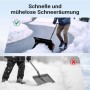 Person schiebt Wiltec Schneeschieber mit Rädern mühelos auf verschneitem Weg; Vergleich zu anstrengender Schneeschaufel.