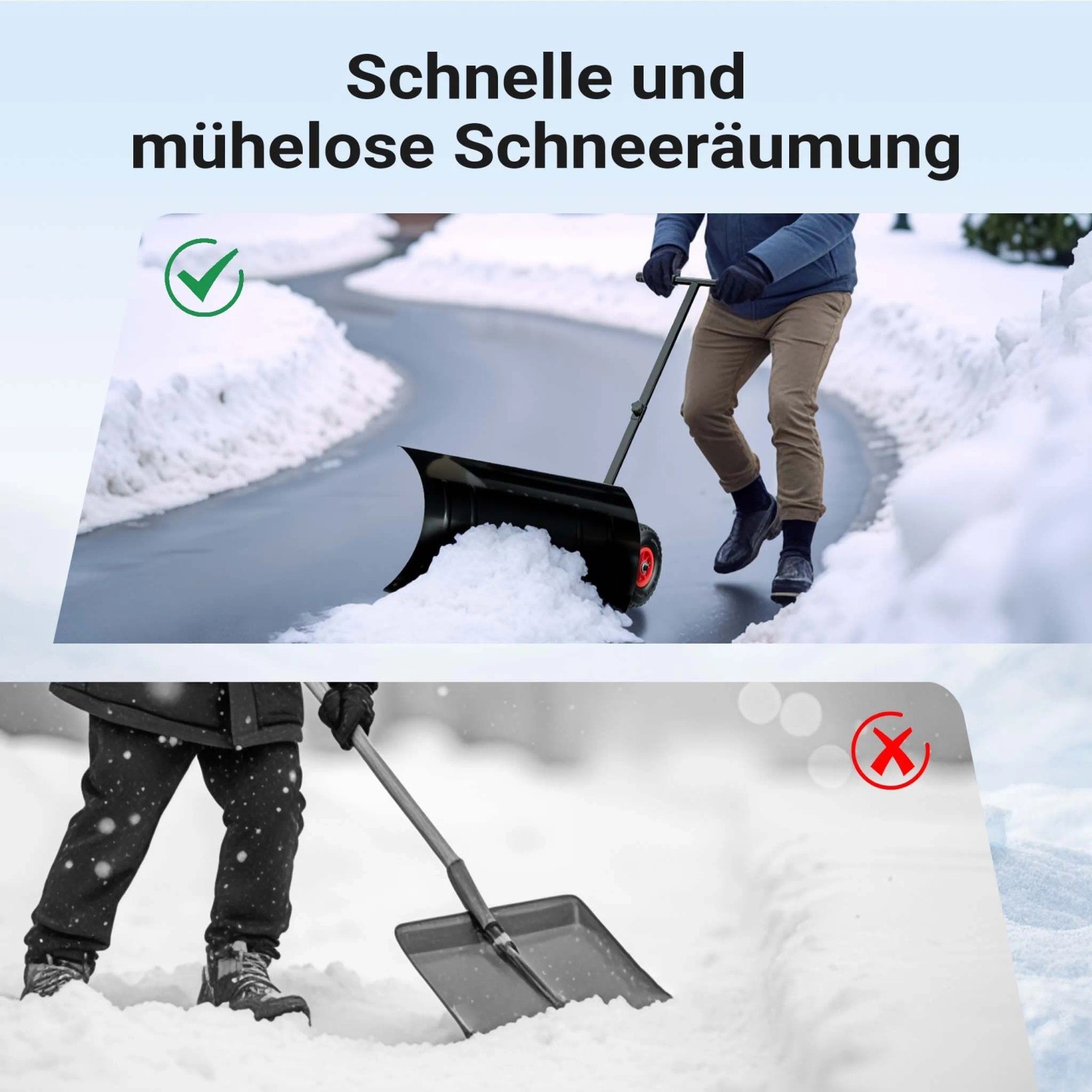 Person schiebt Wiltec Schneeschieber mit Rädern mühelos auf verschneitem Weg; Vergleich zu anstrengender Schneeschaufel.