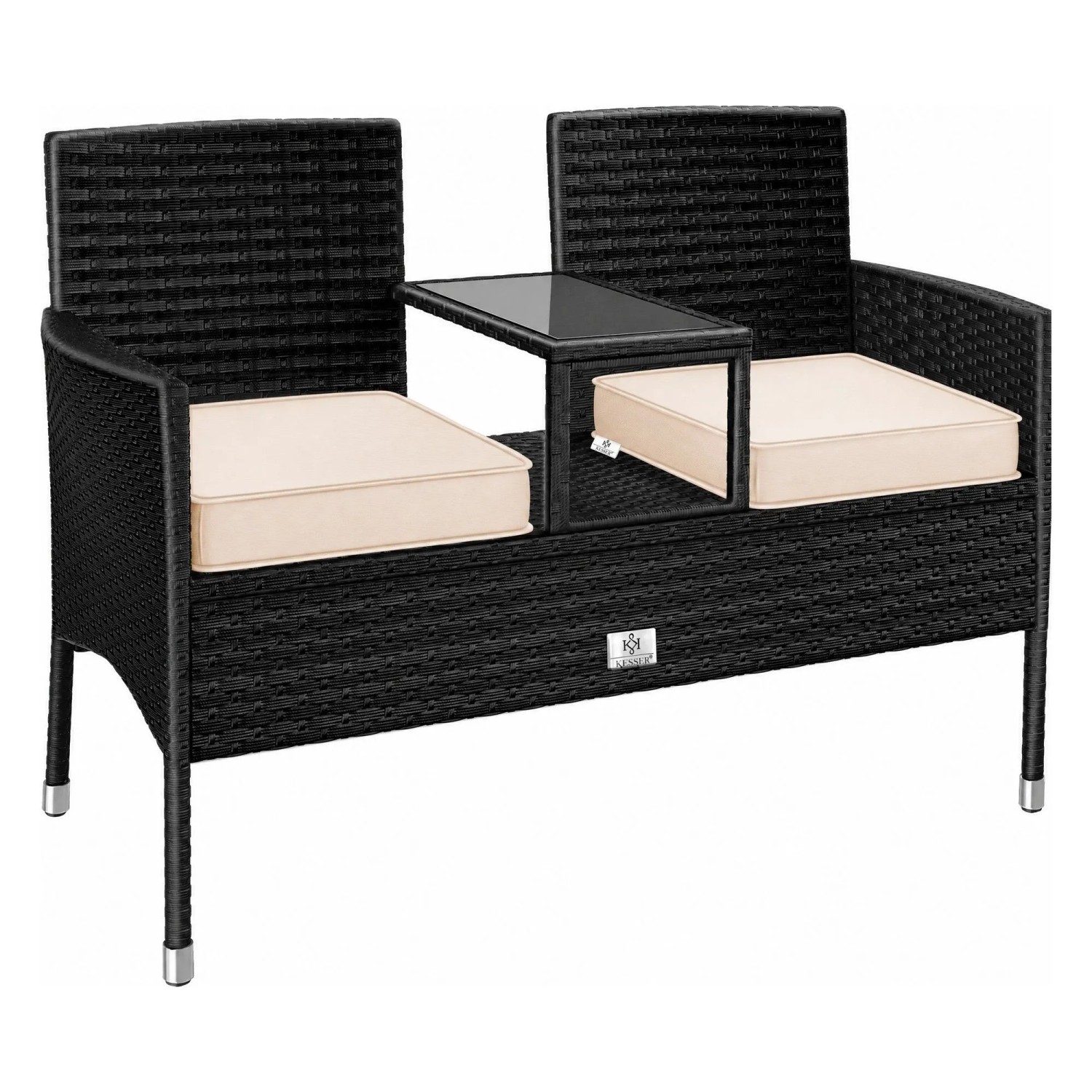 KESSER Polyrattan Gartenbank 2-Sitzer mit Tisch 133 x 55 x 84 cm Schwarz Beige