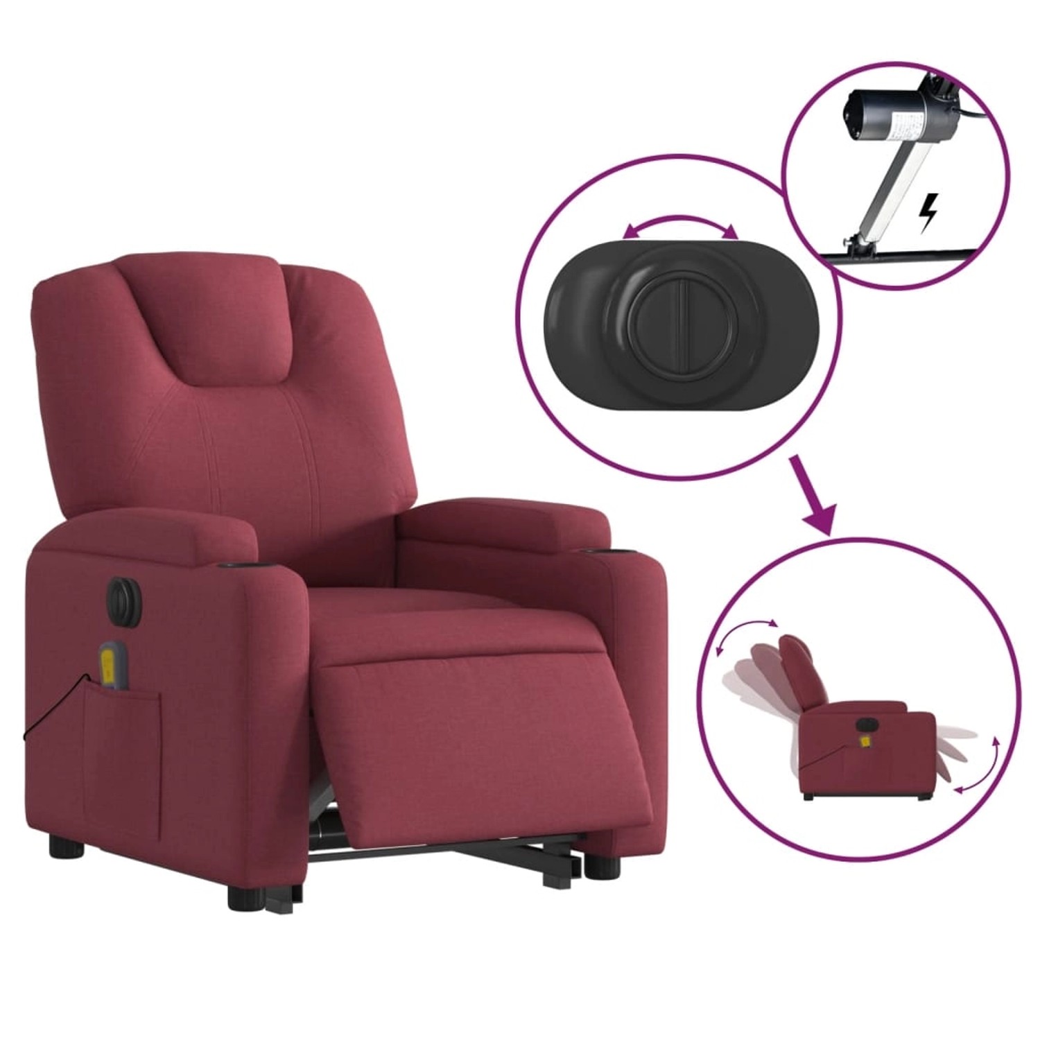 Elektrischer Massagesessel mit Aufstehhilfe, weinrot, Stoff. Relaxsessel mit Getränkehalter und Fernbedienungstasche.