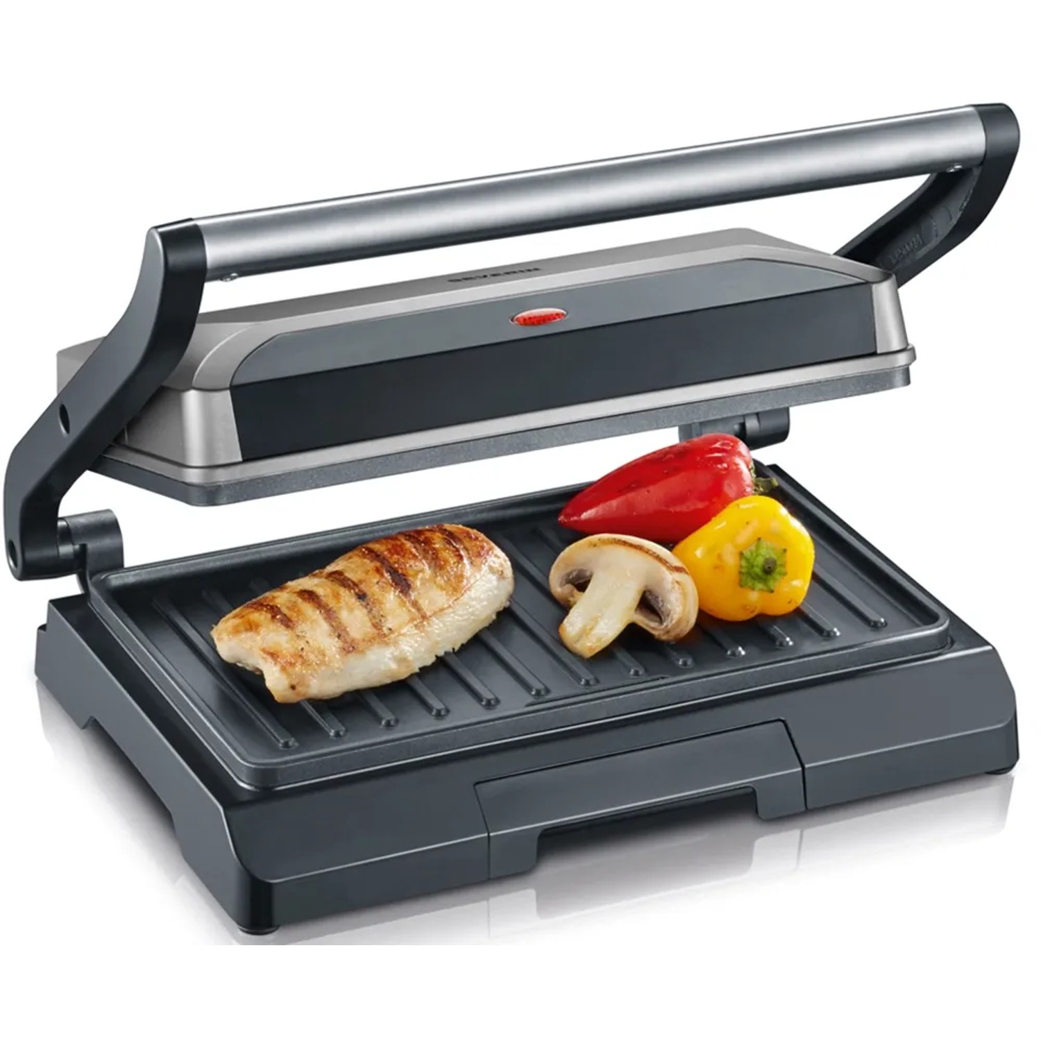 Severin Kompakt-Multigrill KG 2394 mit Grillgut. Elektrogrill mit Hähnchenbrust, Pilz und Paprika.